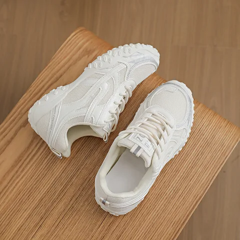 Women's Beige Grey Mesh Chunky Dad Sneakers Retro Lug Sole Breathable Non-Slip Casual Walking Shoes
