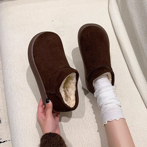 绒面短筒雪地靴女 冬季加绒保暖一脚蹬套筒靴 厚底松糕底防滑保暖棉靴
