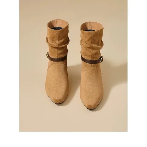 Women's Faux Suede Slouchy Ankle Boots Square Toe Hidden Heel Buckle Strap Winter Fashion Mid Heel Booties