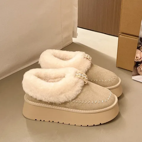 Women's Faux Fur Collar Slip-On Snow Boots Thick Platform Warm Suede Winter Ankle Booties Non-Slip