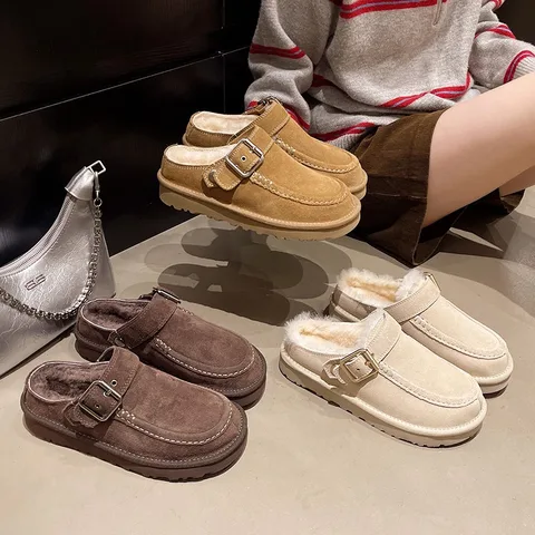 Women's Closed-Toe Mule Slippers Buckle Strap Plush Fuzzy Lined Non-Slip Warm Winter Shoes