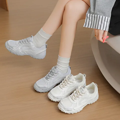Women's Beige Grey Mesh Chunky Dad Sneakers Retro Lug Sole Breathable Non-Slip Casual Walking Shoes