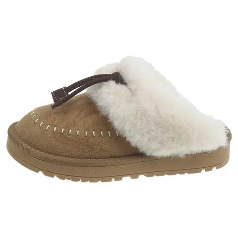 Women's Fluffy Fur Slippers Outdoor Warm Suede Mule Slippers Autumn Winter Non-Slip Flat House Slippers