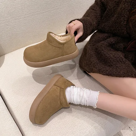 绒面短筒雪地靴女 冬季加绒保暖一脚蹬套筒靴 厚底松糕底防滑保暖棉靴