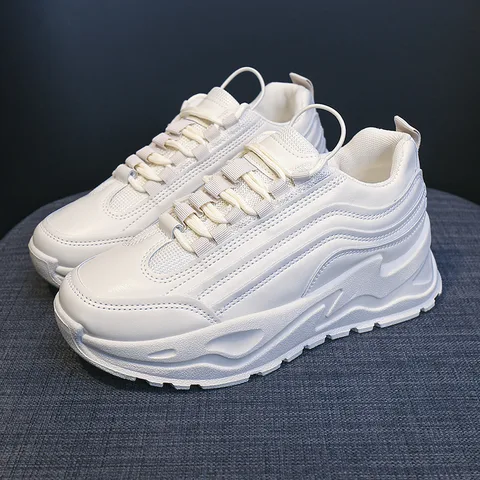 Women's Round Toe PU Leather Chunky Dad Sneakers Beige Black Lace-Up Wavy Sole Platform Non-Slip Casual Shoes