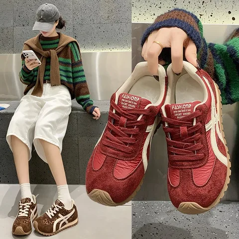 Women's Retro Suede Jogging Sneakers Leopard Print Lace-Up Low-Top Waffle Rubber Sole Casual Running Shoes