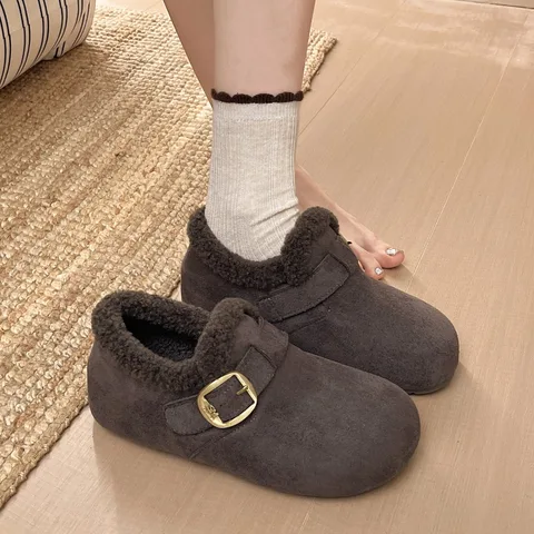 搭扣毛毛鞋女 深口加绒保暖豆豆鞋 秋冬外穿舒适圆头棉鞋