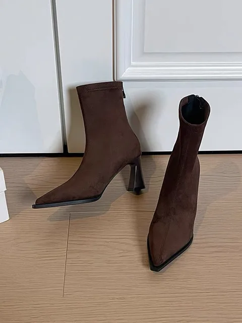 Women's Black Stretch Suede Square Toe Chunky Heel Ankle Boots Back Zipper Slip-On Fashion Booties Spring Autumn