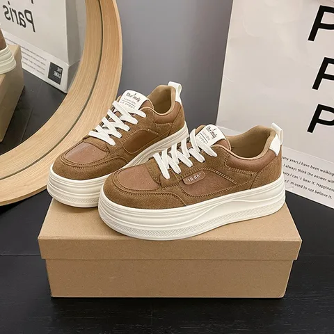 Women's Leopard Print Platform Sneakers Suede Lace-Up Chunky Skate Shoes Height Increasing Casual Shoes