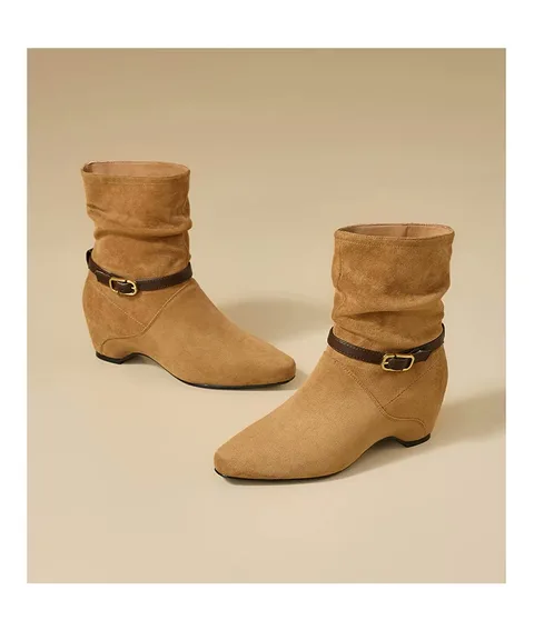 Women's Faux Suede Slouchy Ankle Boots Square Toe Hidden Heel Buckle Strap Winter Fashion Mid Heel Booties