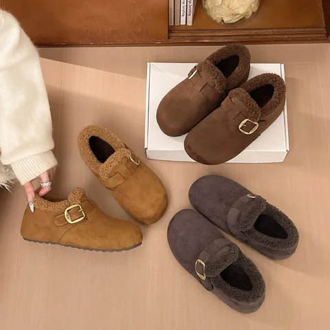 Women's Buckle Strap Fuzzy Shoes Deep Mouth Fur Lined Warm Moccasins Autumn Winter Round Toe Shoes