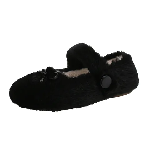 Women's Fluffy Fur Slip-On Shoes Round Toe Flat Soft Sole Warm Winter Indoor Outdoor Fuzzy Shoes