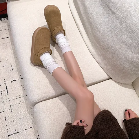 绒面短筒雪地靴女 冬季加绒保暖一脚蹬套筒靴 厚底松糕底防滑保暖棉靴
