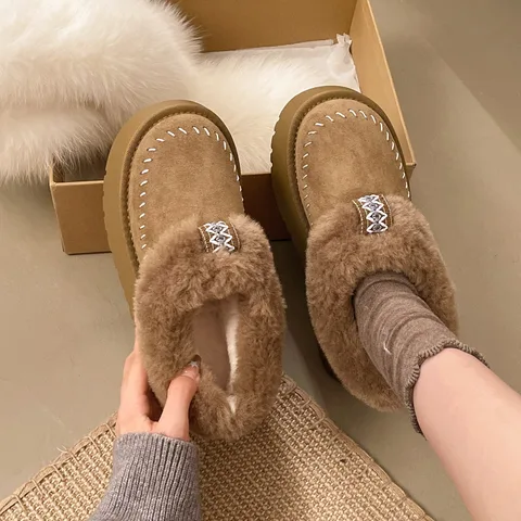 Women's Faux Fur Collar Slip-On Snow Boots Thick Platform Warm Suede Winter Ankle Booties Non-Slip