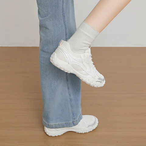 Women's Beige Grey Mesh Chunky Dad Sneakers Retro Lug Sole Breathable Non-Slip Casual Walking Shoes