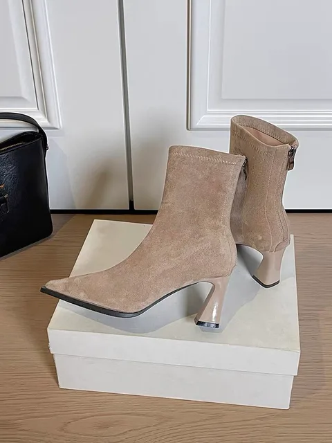Women's Black Stretch Suede Square Toe Chunky Heel Ankle Boots Back Zipper Slip-On Fashion Booties Spring Autumn