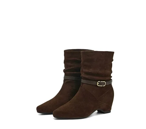 Women's Faux Suede Slouchy Ankle Boots Square Toe Hidden Heel Buckle Strap Winter Fashion Mid Heel Booties