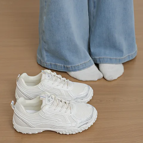 Women's Beige Grey Mesh Chunky Dad Sneakers Retro Lug Sole Breathable Non-Slip Casual Walking Shoes