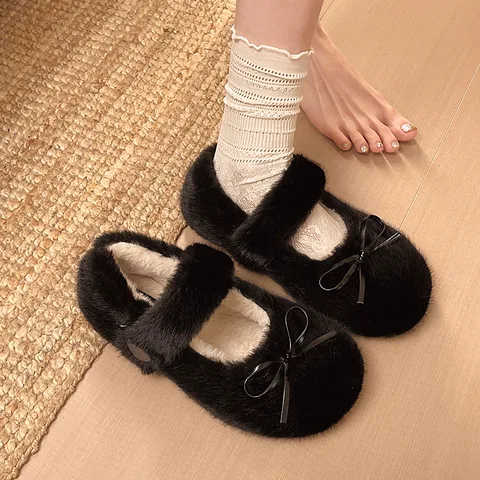 Women's Fluffy Fur Slip-On Shoes Round Toe Flat Soft Sole Warm Winter Indoor Outdoor Fuzzy Shoes