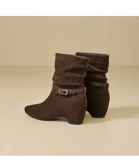 Women's Faux Suede Slouchy Ankle Boots Square Toe Hidden Heel Buckle Strap Winter Fashion Mid Heel Booties