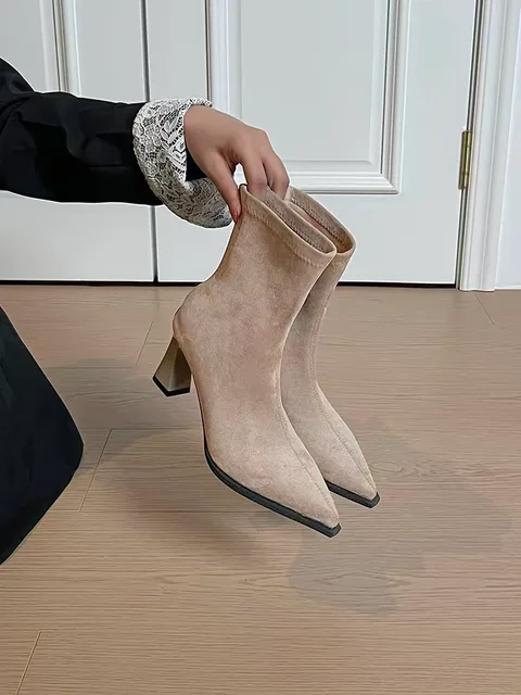 Women's Black Stretch Suede Square Toe Chunky Heel Ankle Boots Back Zipper Slip-On Fashion Booties Spring Autumn