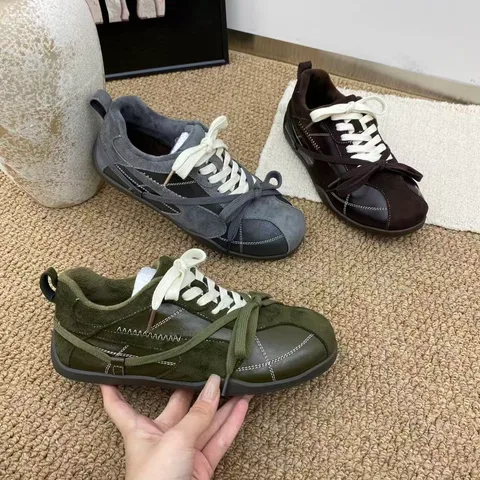 复古德训鞋女冬季加绒保暖 磨砂皮低帮系带蝴蝶结 平底防滑休闲运动鞋