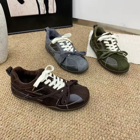 复古德训鞋女冬季加绒保暖 磨砂皮低帮系带蝴蝶结 平底防滑休闲运动鞋