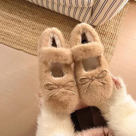 Women's Fluffy Fur Slip-On Shoes Round Toe Flat Soft Sole Warm Winter Indoor Outdoor Fuzzy Shoes