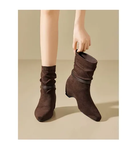 Women's Faux Suede Slouchy Ankle Boots Square Toe Hidden Heel Buckle Strap Winter Fashion Mid Heel Booties