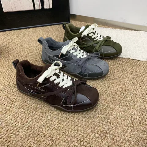 复古德训鞋女冬季加绒保暖 磨砂皮低帮系带蝴蝶结 平底防滑休闲运动鞋