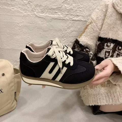 Women's Retro Suede Jogger Sneakers Lace-up Chunky Platform Casual Walking Shoes