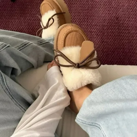 女士蝴蝶结毛毛半拖鞋 冬季加绒厚底雪地靴款 防滑保暖外穿棉拖