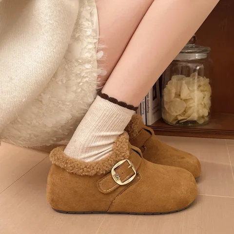 搭扣毛毛鞋女 深口加绒保暖豆豆鞋 秋冬外穿舒适圆头棉鞋