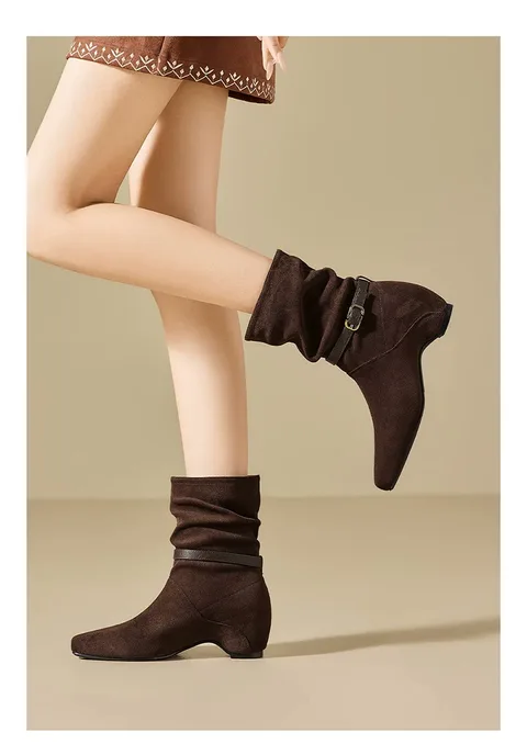 Women's Faux Suede Slouchy Ankle Boots Square Toe Hidden Heel Buckle Strap Winter Fashion Mid Heel Booties