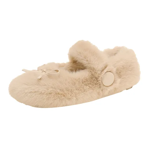 Women's Fluffy Fur Slip-On Shoes Round Toe Flat Soft Sole Warm Winter Indoor Outdoor Fuzzy Shoes